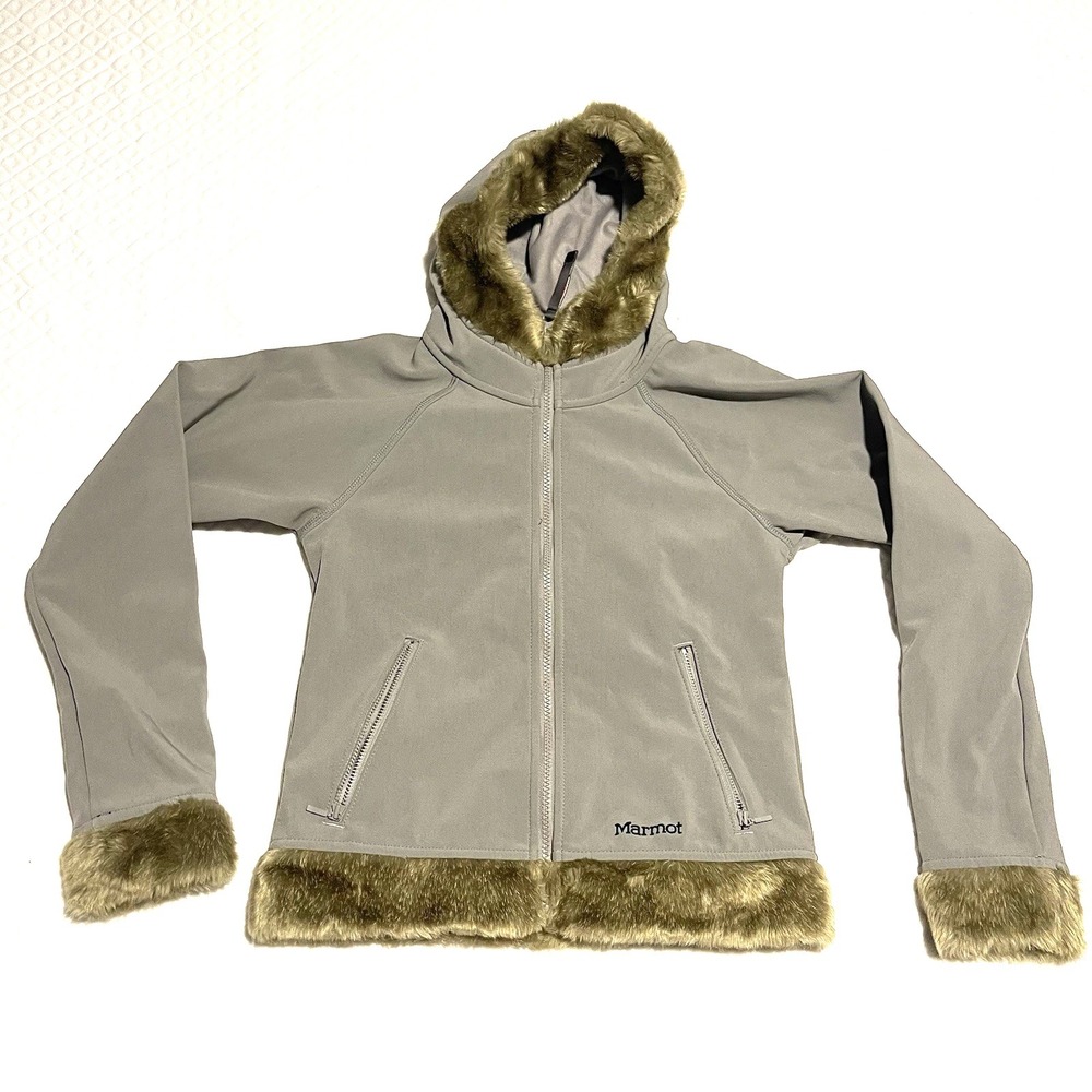 Marmot CLOUD GRAY Softshell Insulated Warm Jacket Fur Trim Zip Pockets size XS